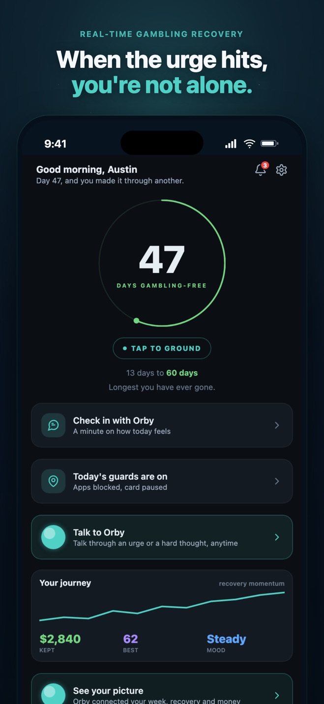 Cope Compass home dashboard: 47 days gambling-free, recovery momentum, and money kept