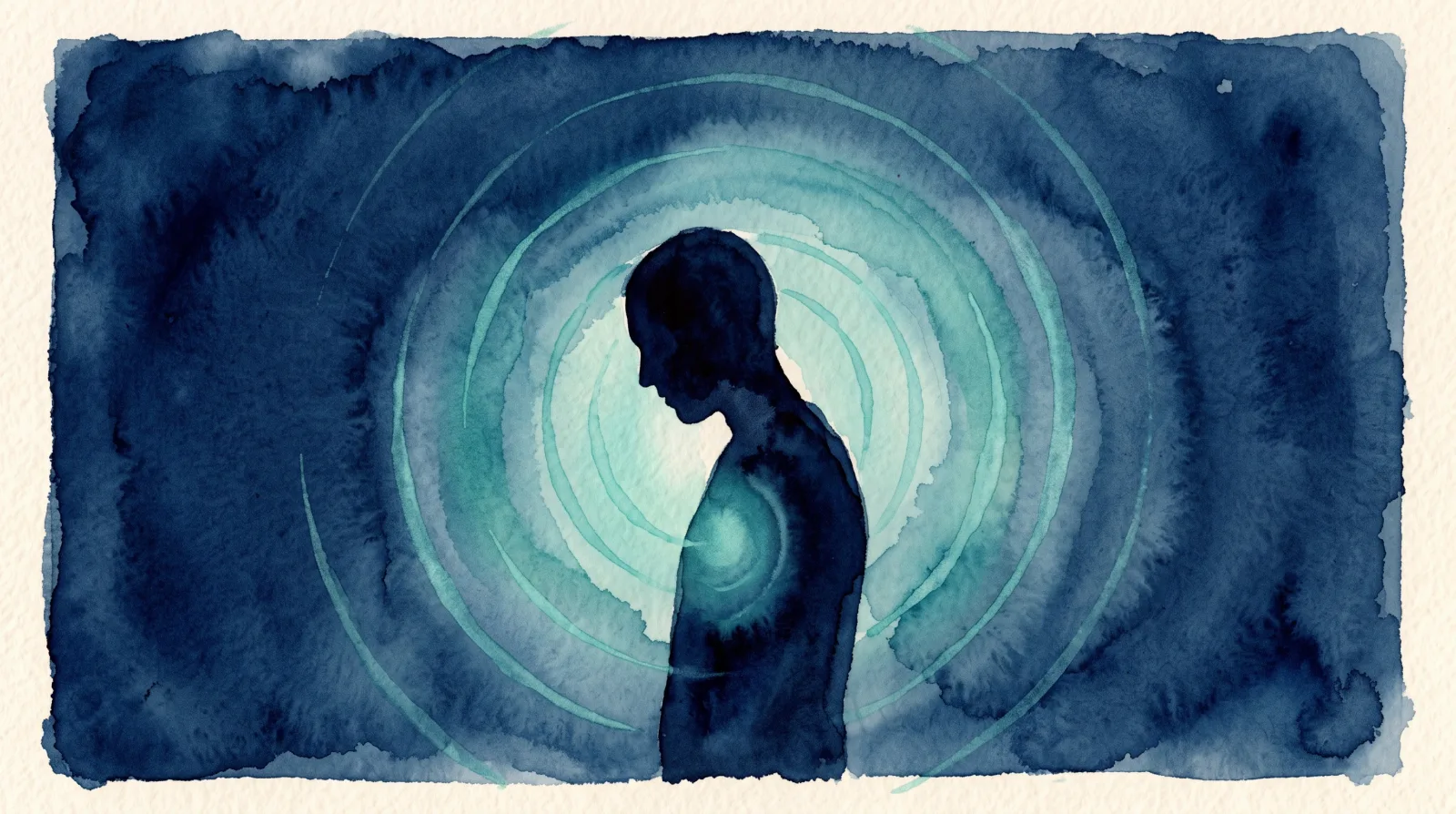 A single open hand rests on a chest in low teal light, the shoulders visibly dropping mid-exhale. Watercolor illustration in deep navy and teal tones.