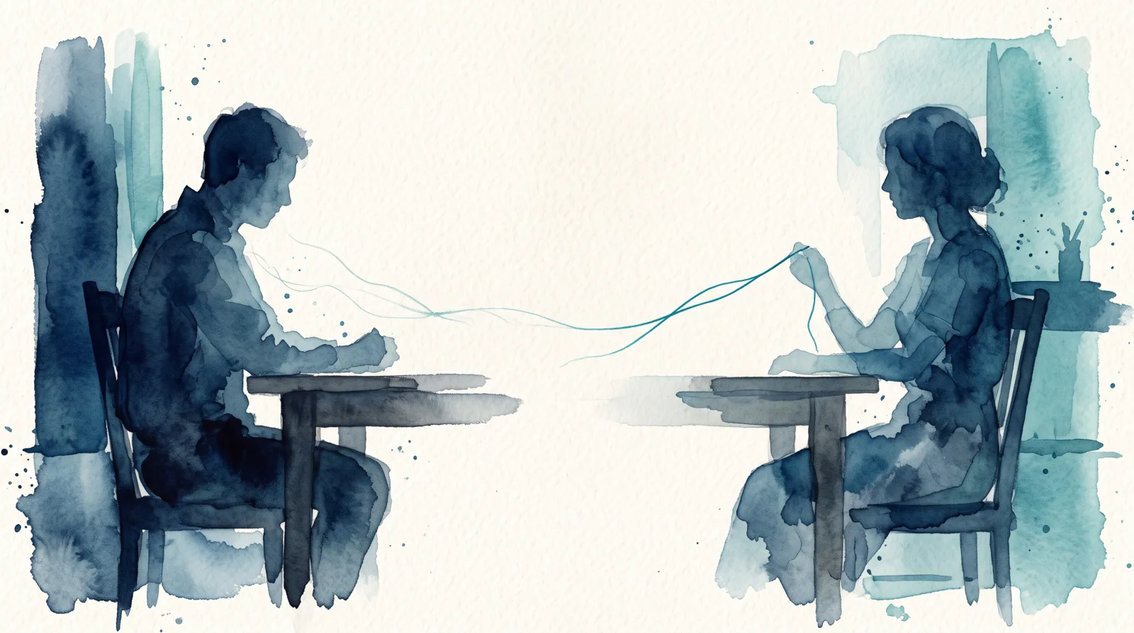 Two figures seated at a table with a gap of bare paper between them, a single thin teal thread being drawn across the gap. Watercolor illustration in deep navy and teal tones.