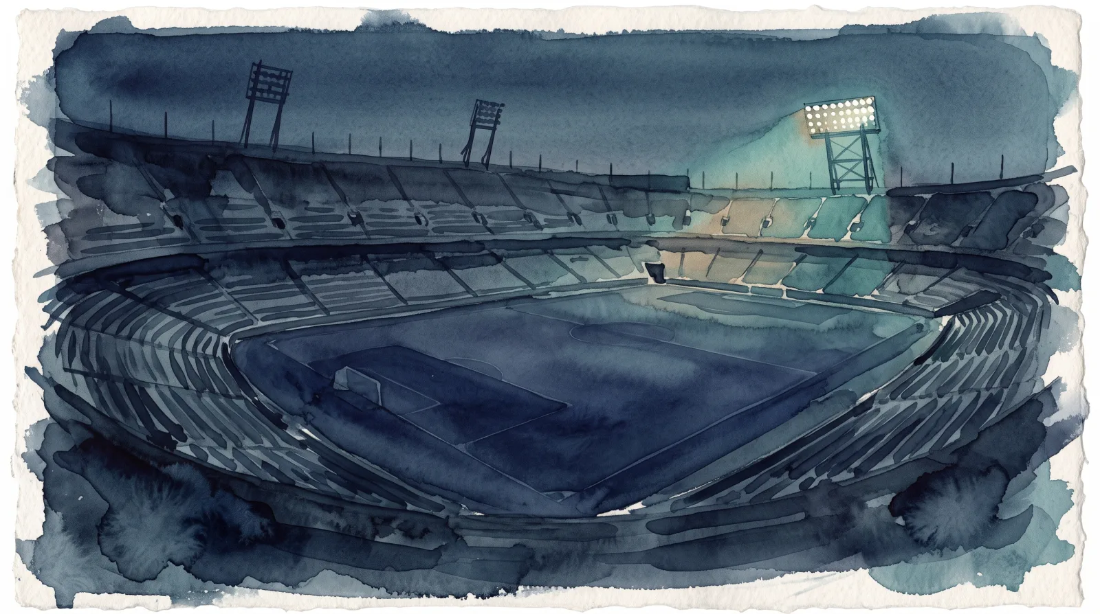 A vast empty stadium at dusk with every seat empty, one bank of floodlights still burning in a corner. Watercolor illustration in deep navy and teal tones.