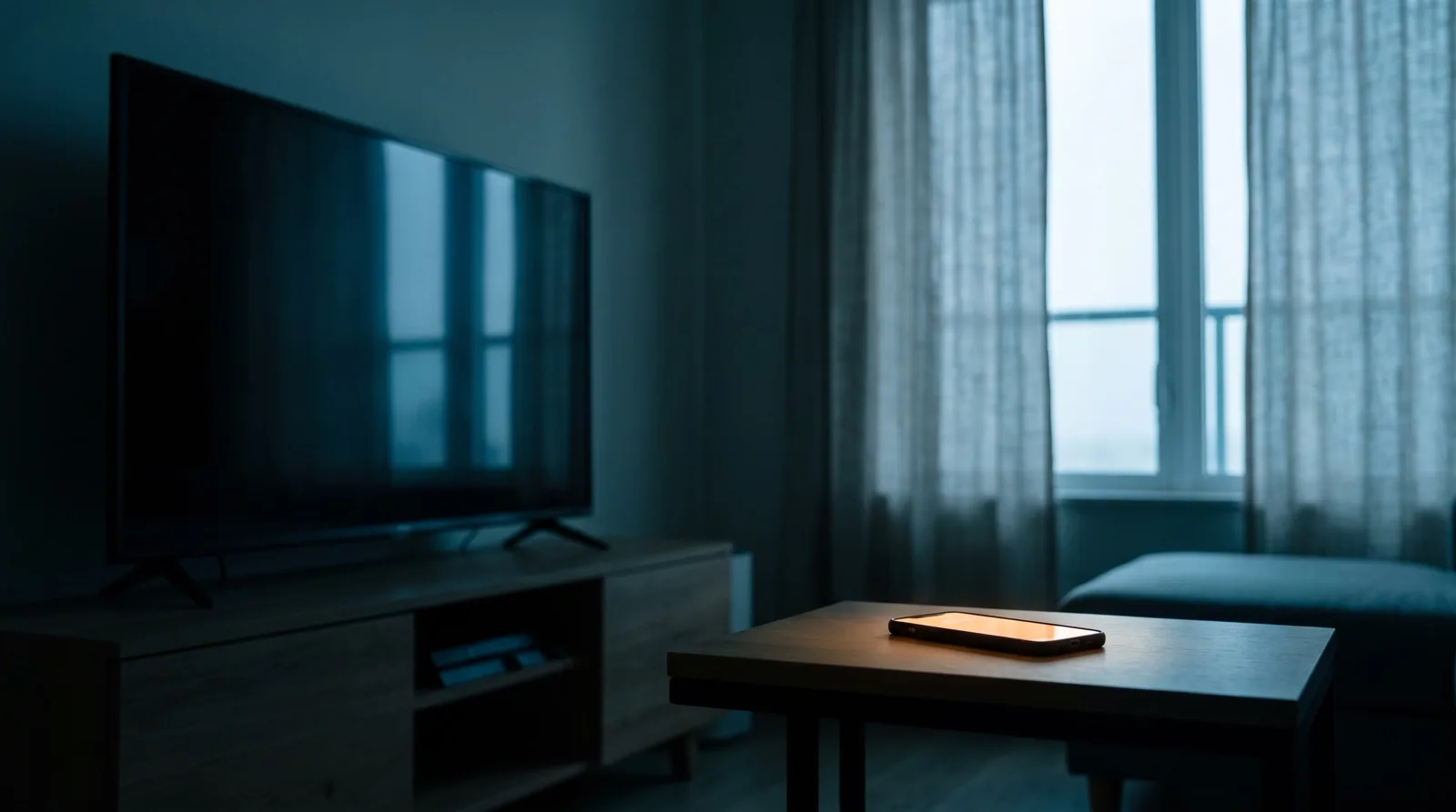 A quiet living room at dawn after a month of tournament nights, a dark television screen and a single phone face-up on a side table catching a shaft of warm light, empty and still, rendered in deep teal and navy tones with no people.