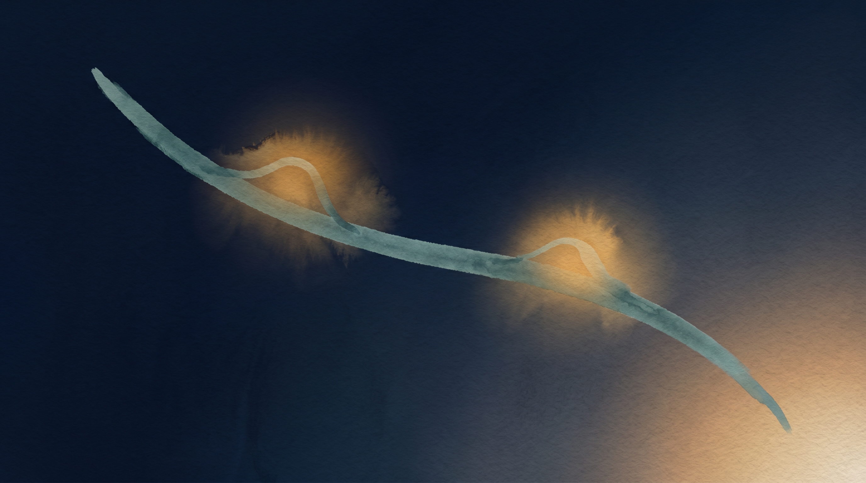 A flowing teal watercolor line crosses a dark navy field with two amber-glow bumps along its path, settling lower at the right. A non-linear path that still trends downward.