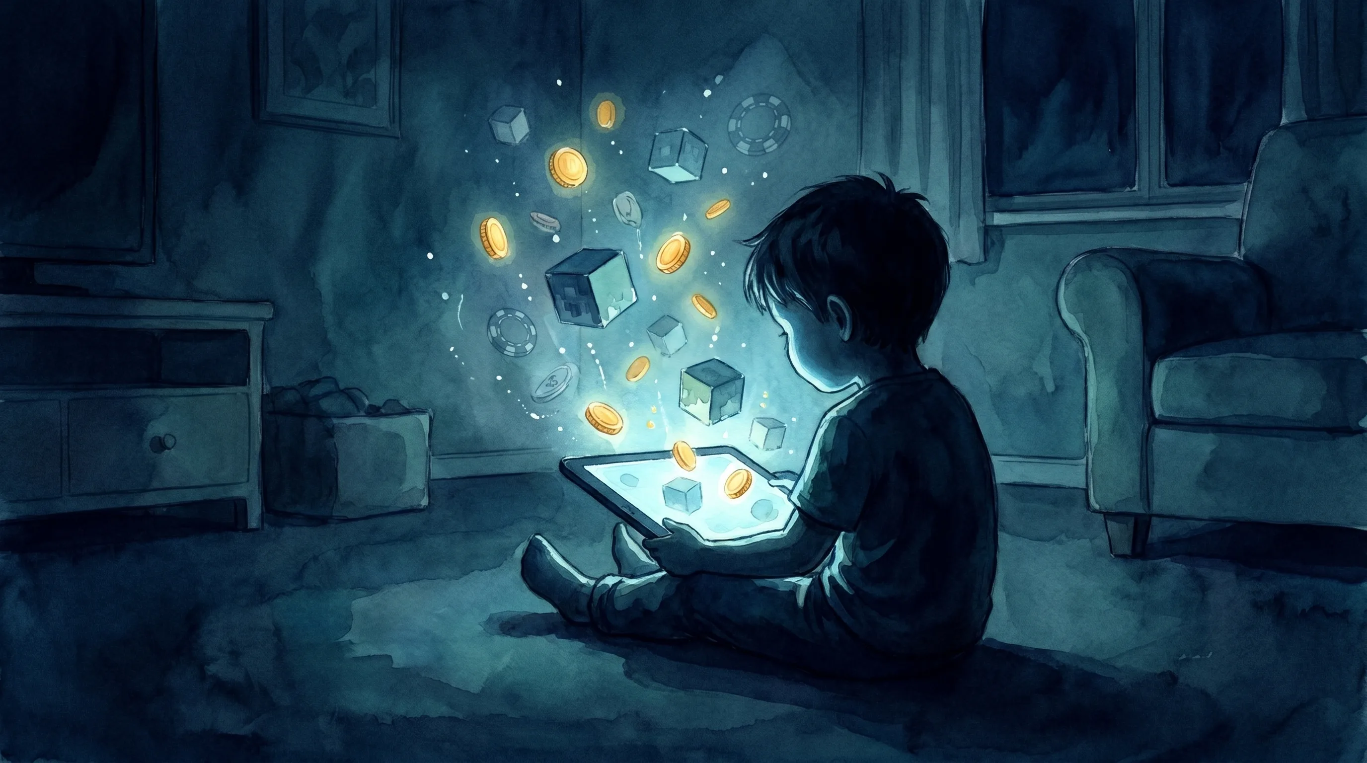 A young child sits alone at night, lit by a tablet screen as blocky cubes and gold coins drift upward from it. Watercolor illustration in navy and teal tones.