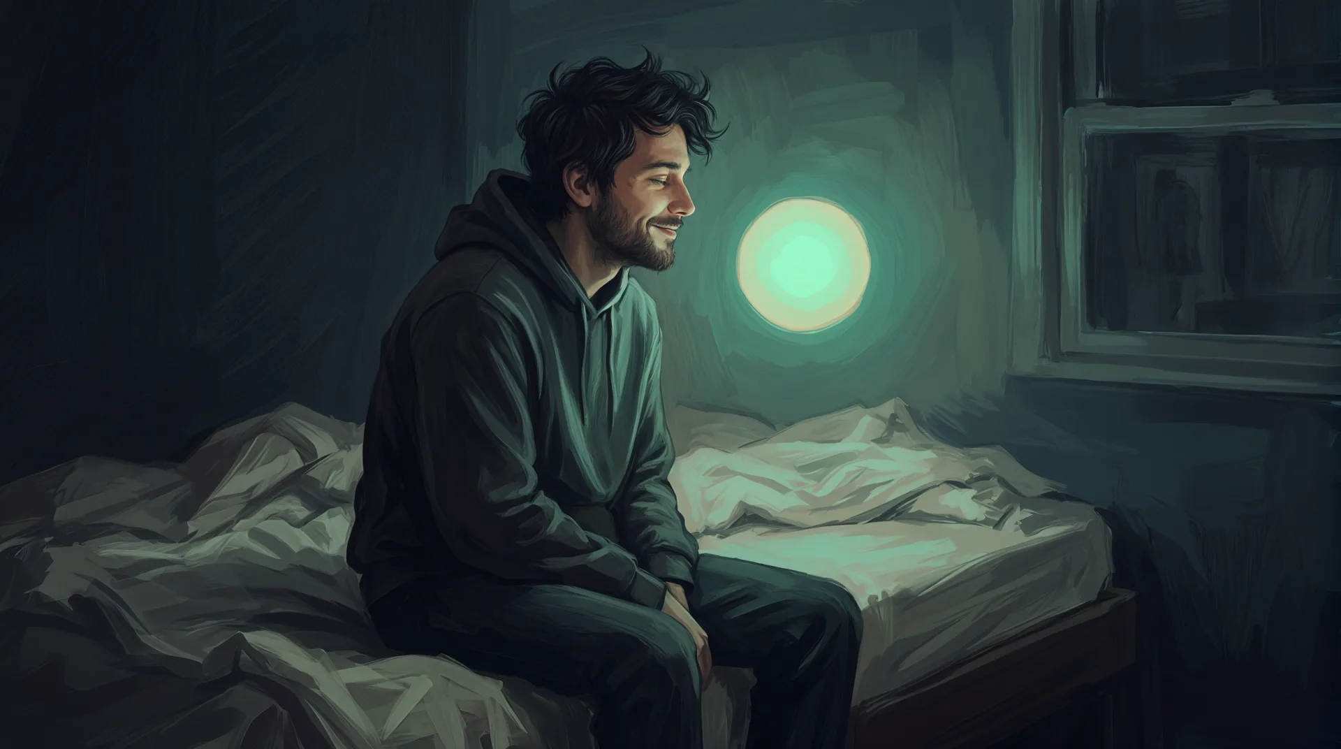 He lowers the phone and turns toward the warm teal light, breathing.