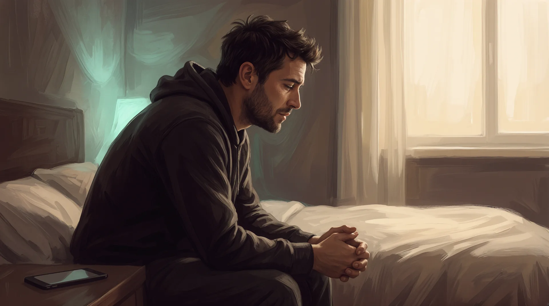 Early morning light in the room, the man calm, the phone set down.
