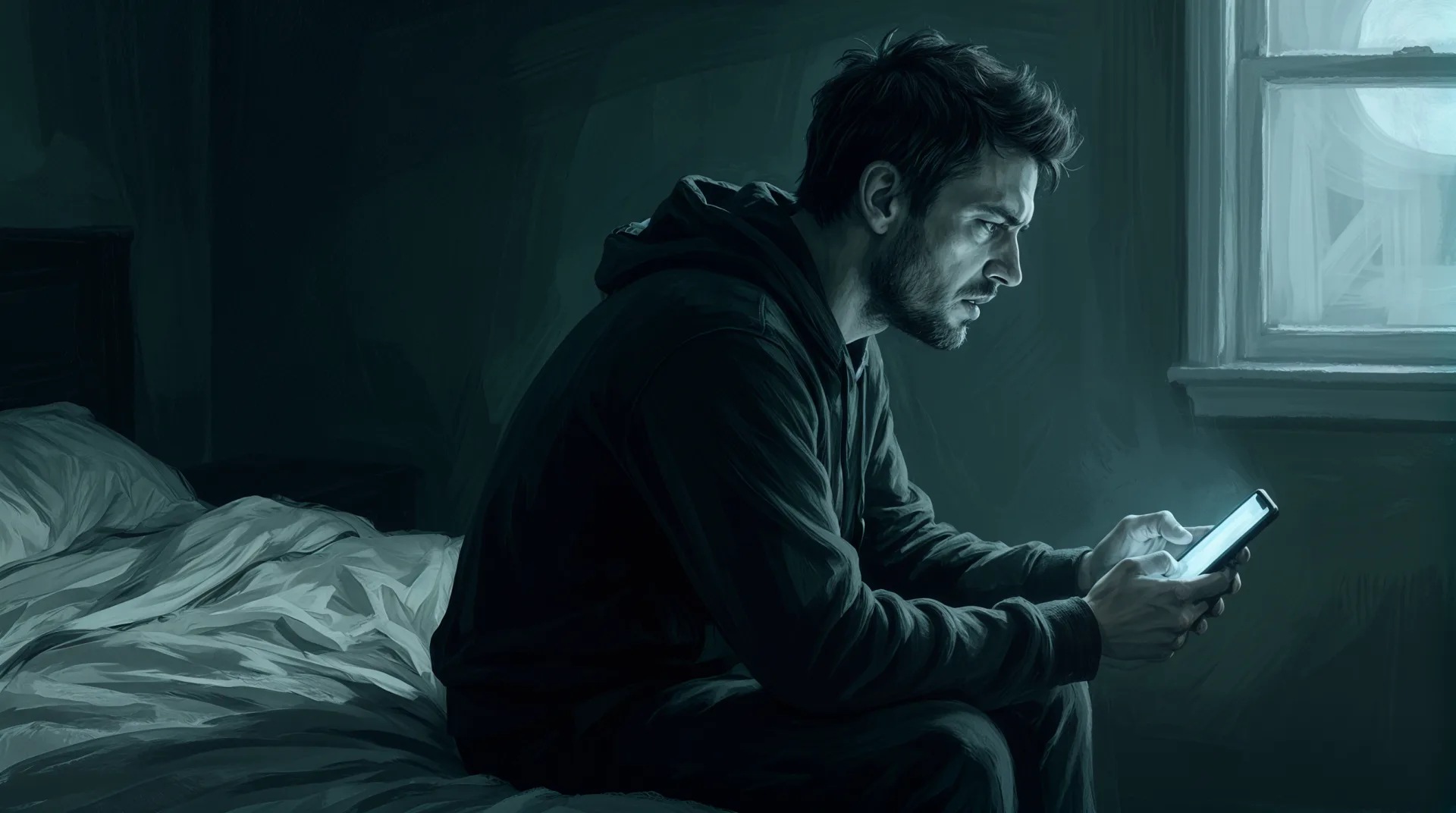 The same man, tense, thumb over the glowing phone screen.