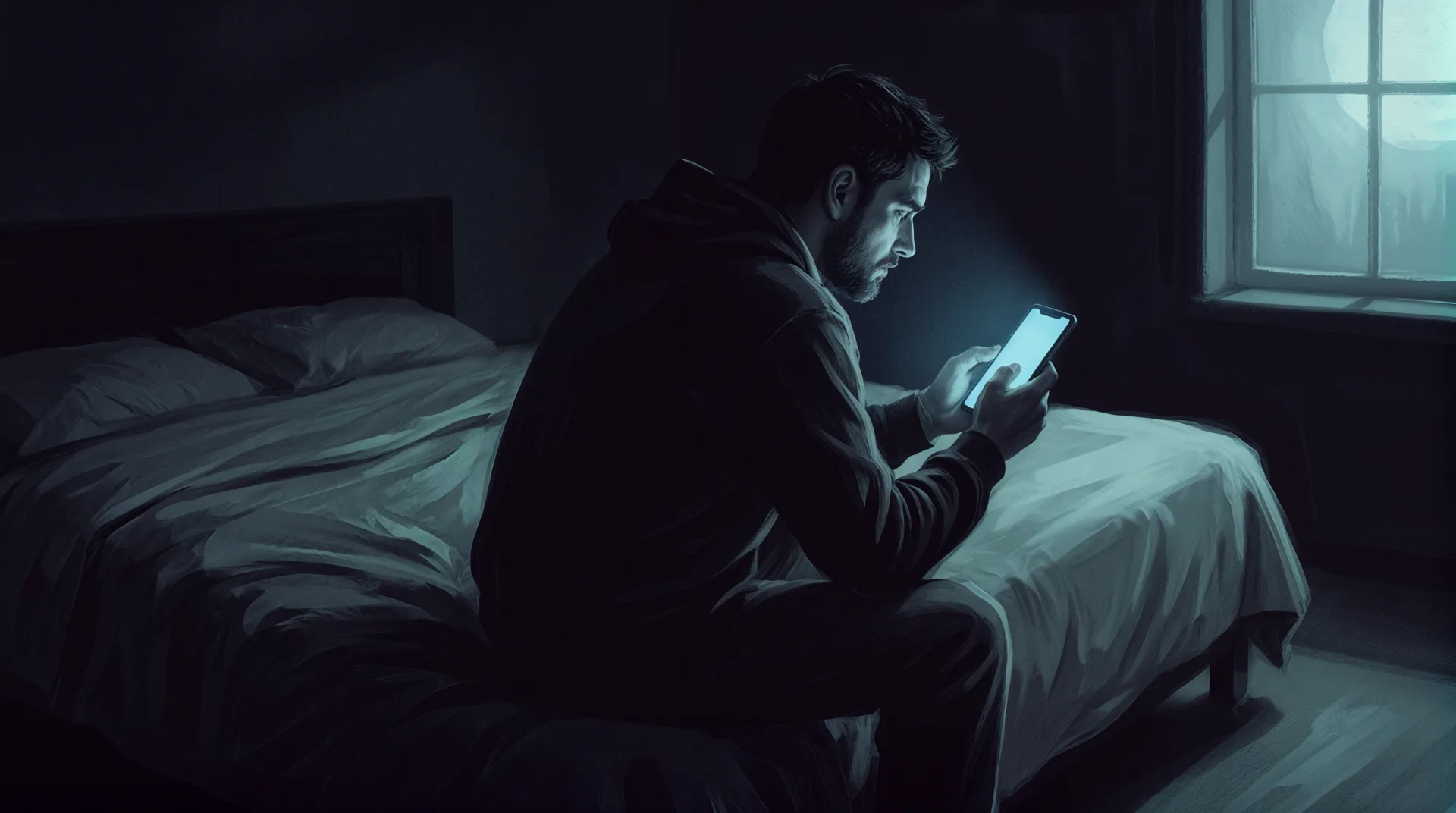 A man sits alone on the edge of his bed at night, lit by his phone.