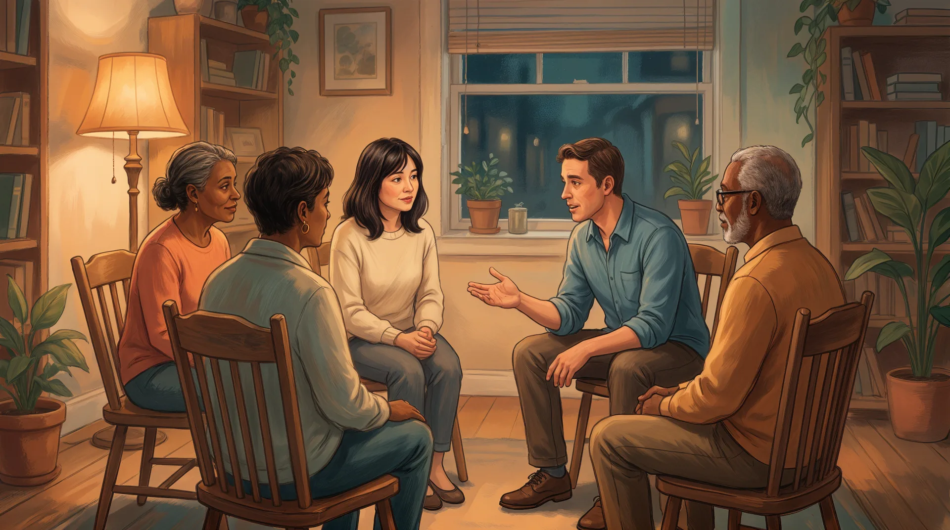 A warm, softly lit support group of diverse people sitting in a circle.