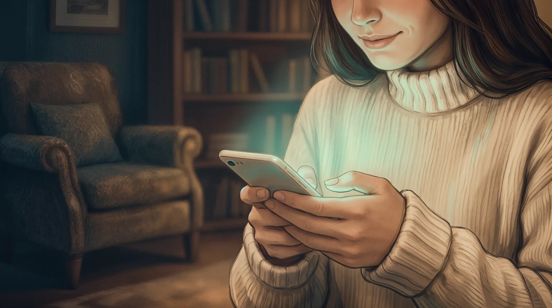 Her hands hold a phone, a warm teal glow rising as she types a first message.