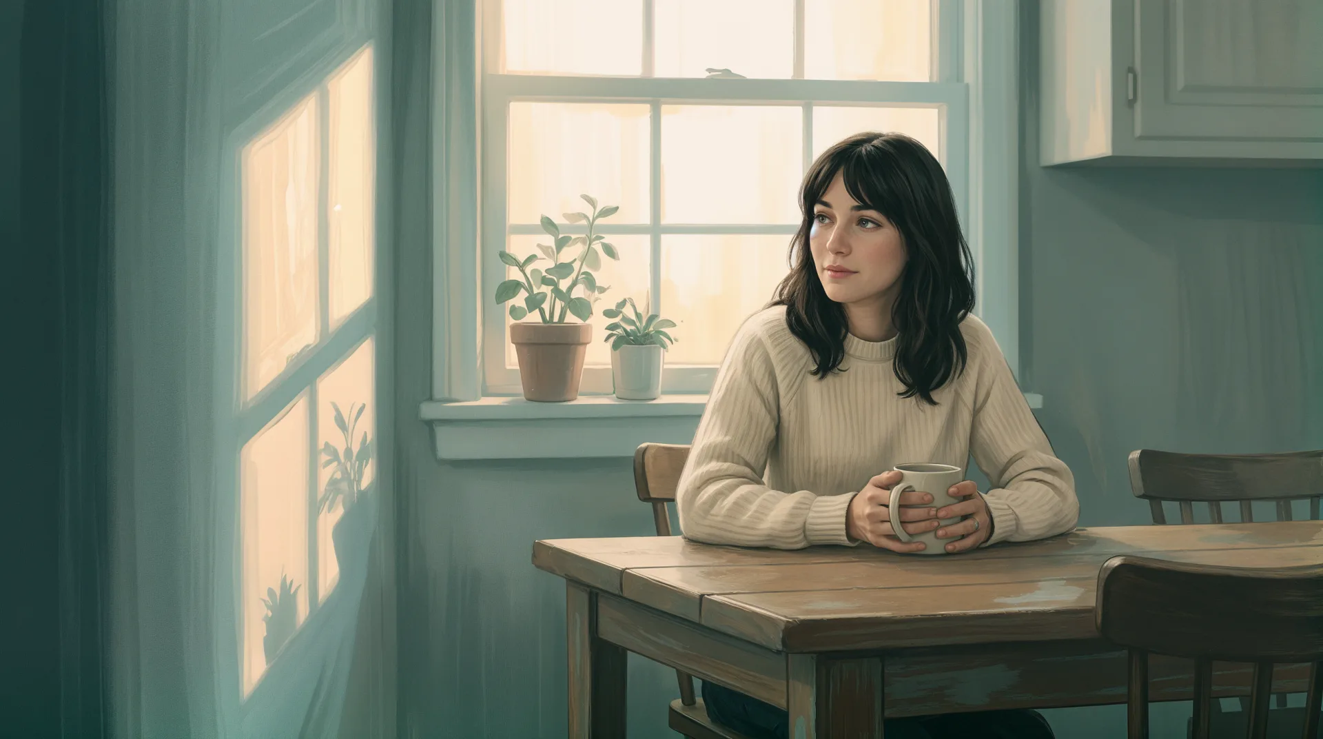 A woman sits alone at a kitchen table in the early dawn, holding a mug of coffee.