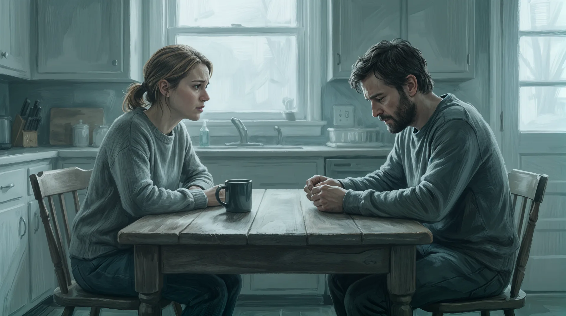 A couple sit across a kitchen table, a quiet distance between them.