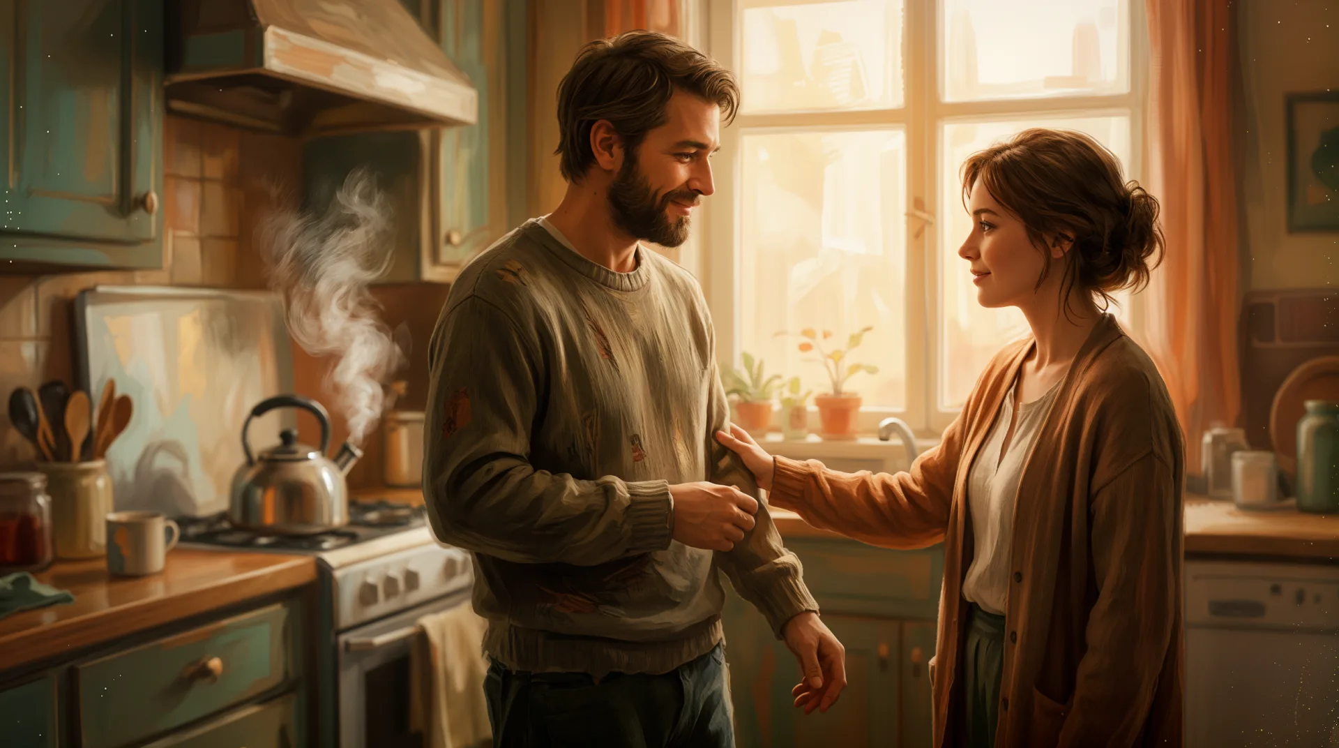 In warm morning light, the man is more present as she rests a hand on his arm.