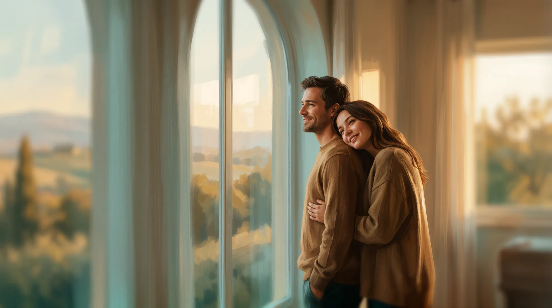 The couple stand together by a window in warm light, close and lighter.