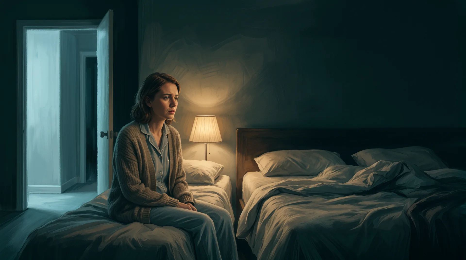 A woman sits awake in bed at night, the other side empty, looking toward a lit doorway.