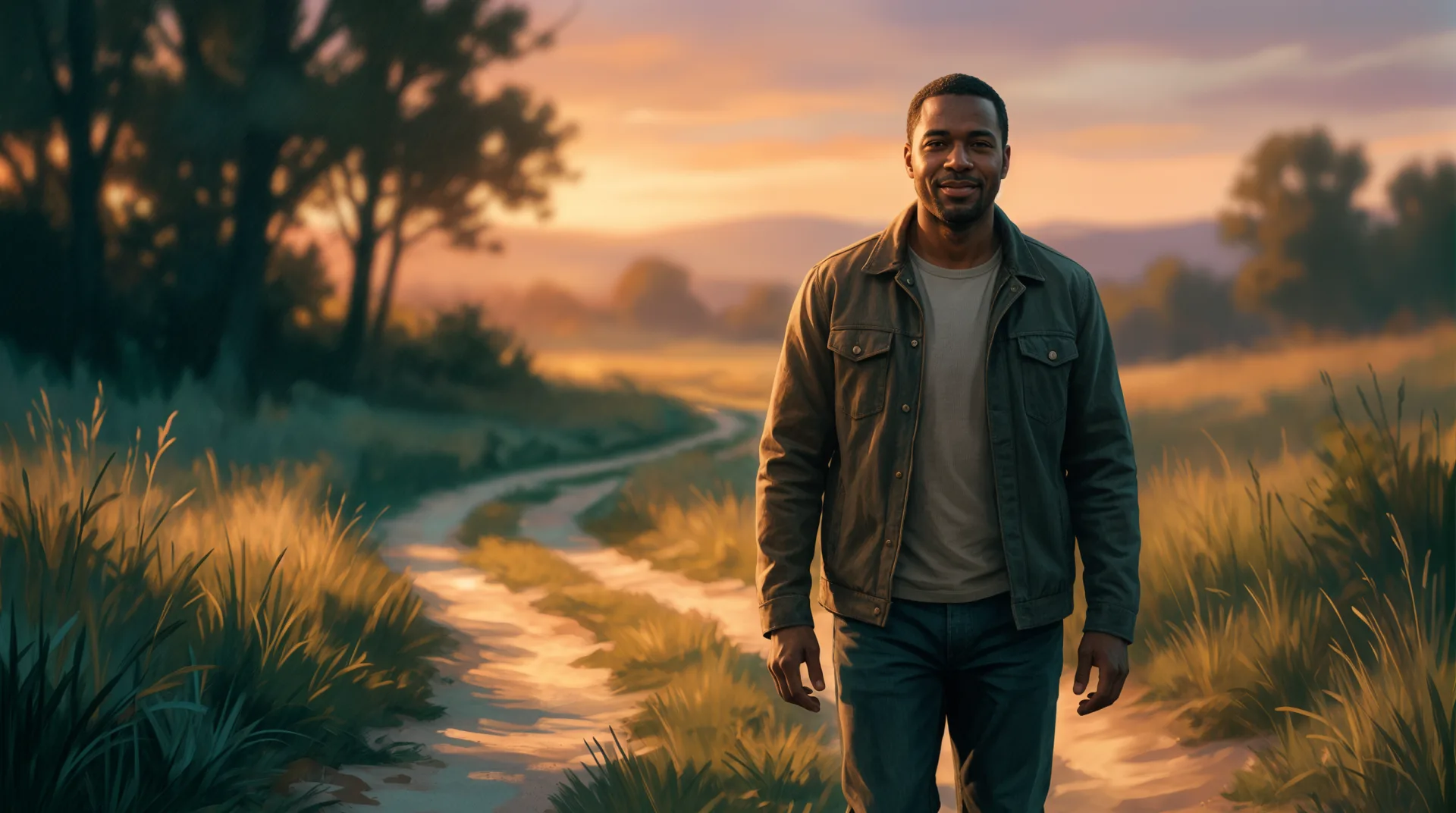 He walks a path outdoors in warm evening light, steady and calm.