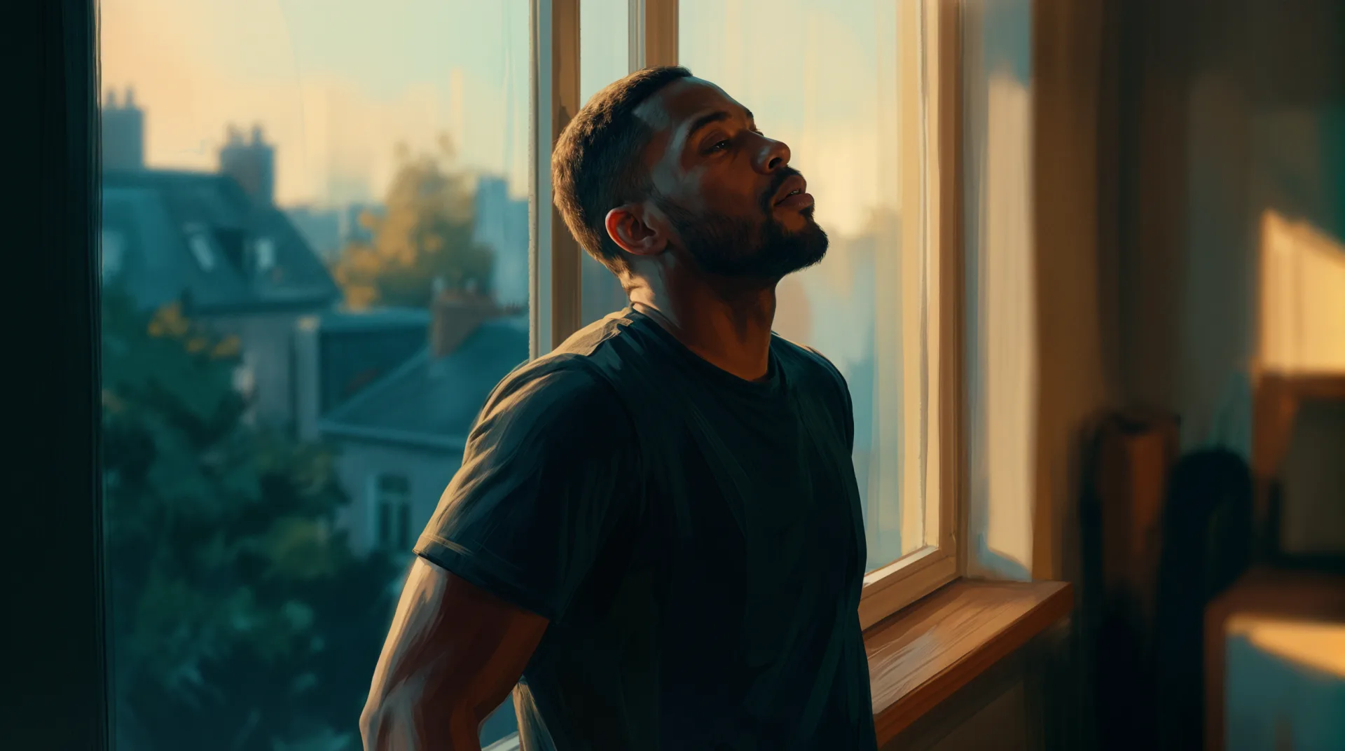He stands at a window taking a deep breath, warm morning light on his face.