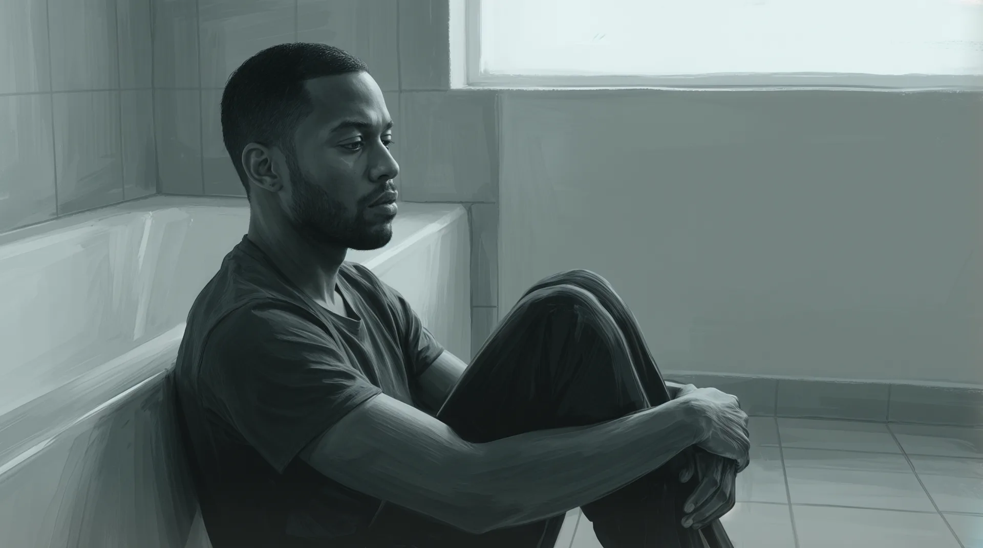 The same man sits on the bathroom floor against the tub, staring at nothing.