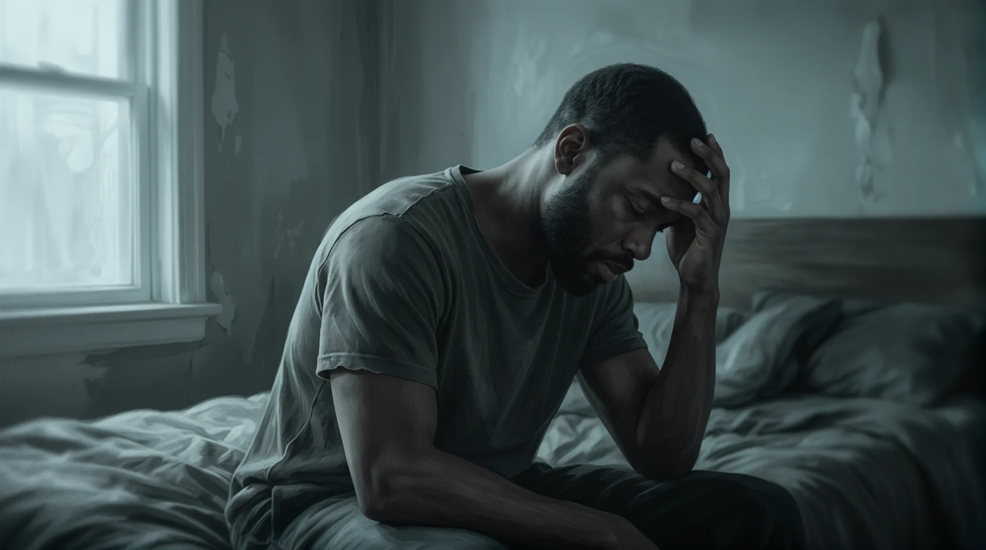 A man sits on the edge of the bed in grey morning light, head in his hand.