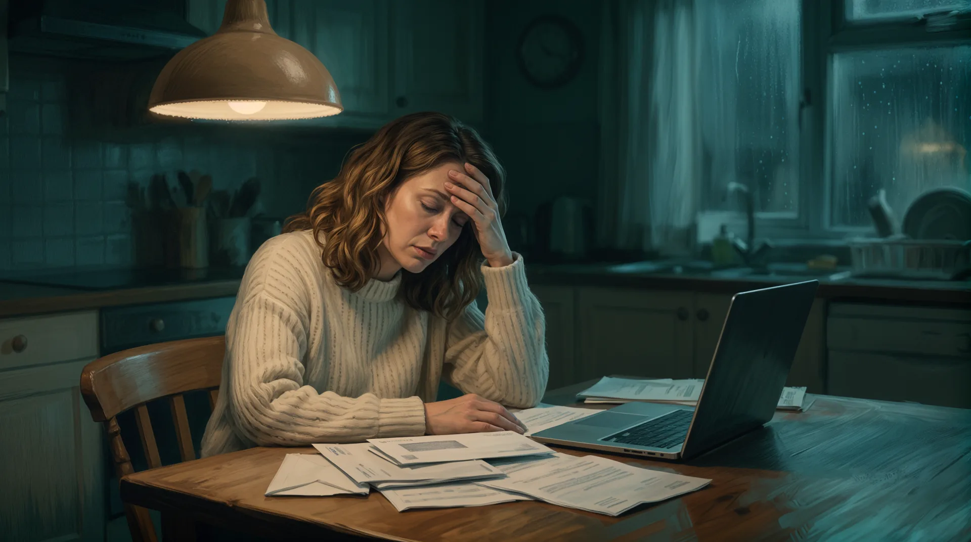 A woman sits alone at night at a kitchen table covered in bills, one hand to her forehead, carrying a secret.
