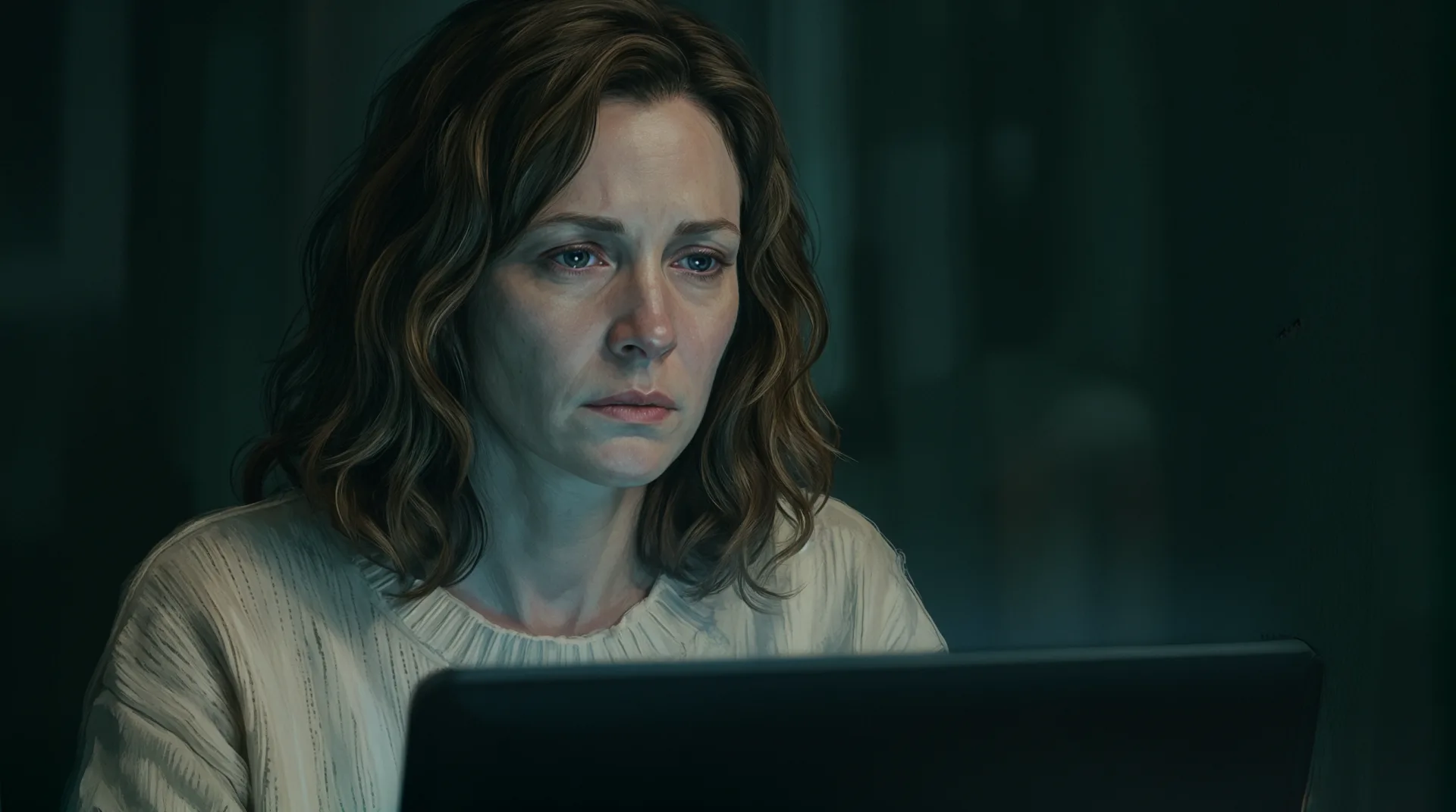 Her face lit by a laptop screen in the dark as the weight of a number lands, eyes glassy.
