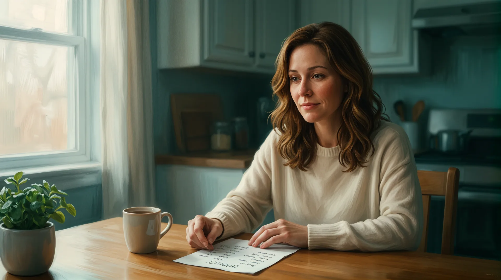In warm morning light she sits with a coffee and a handwritten budget, calmer, quietly resolved.