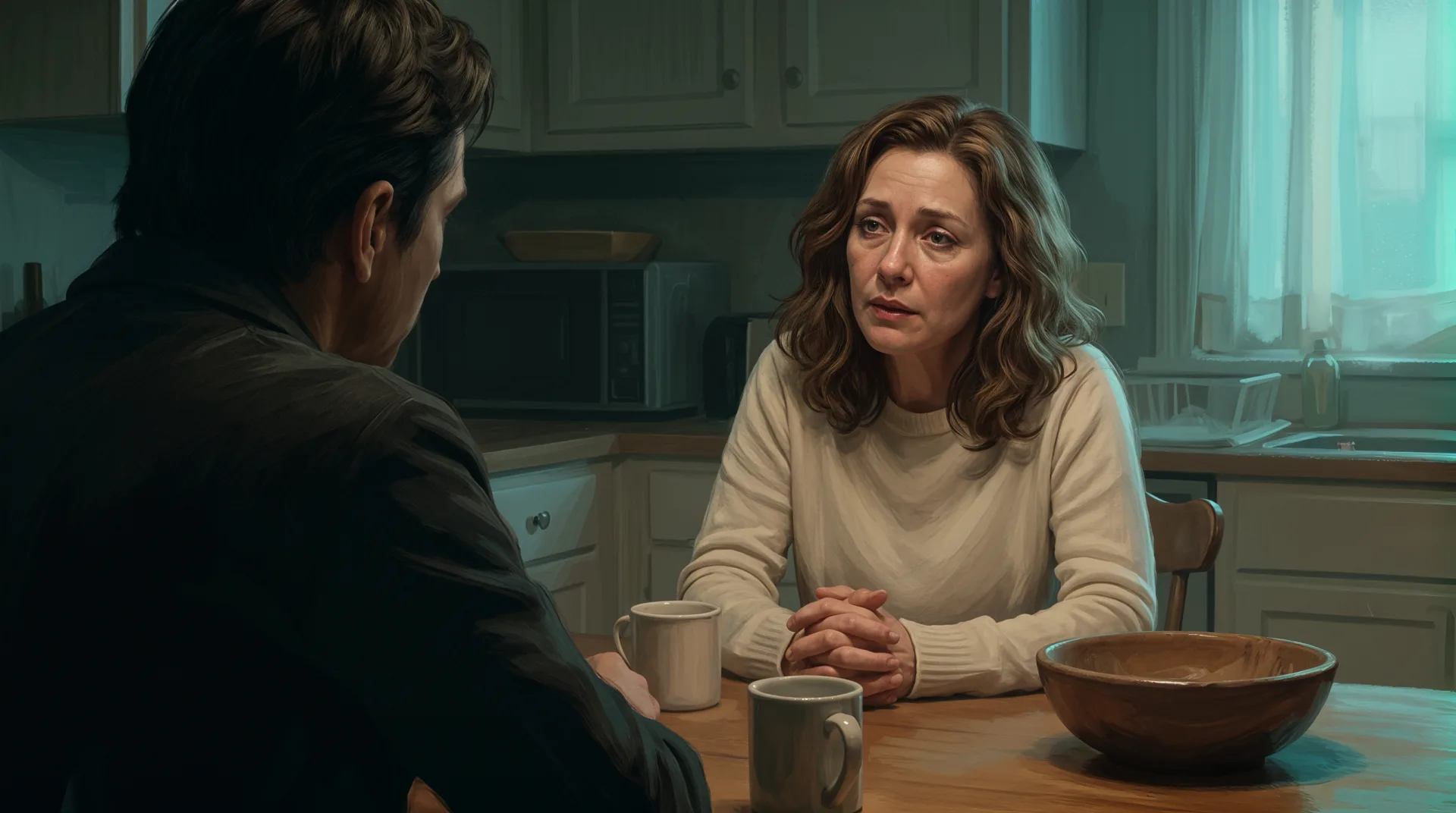 She sits across the table from her partner, hands folded, about to speak a hard truth.
