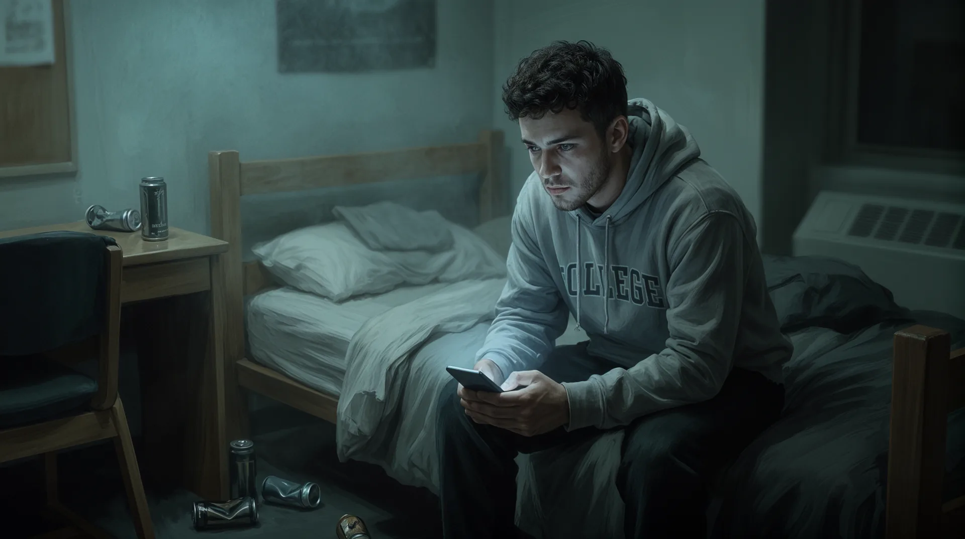 The same young man alone at night on his bed, tense in the cold glow of his phone, energy-drink cans nearby.