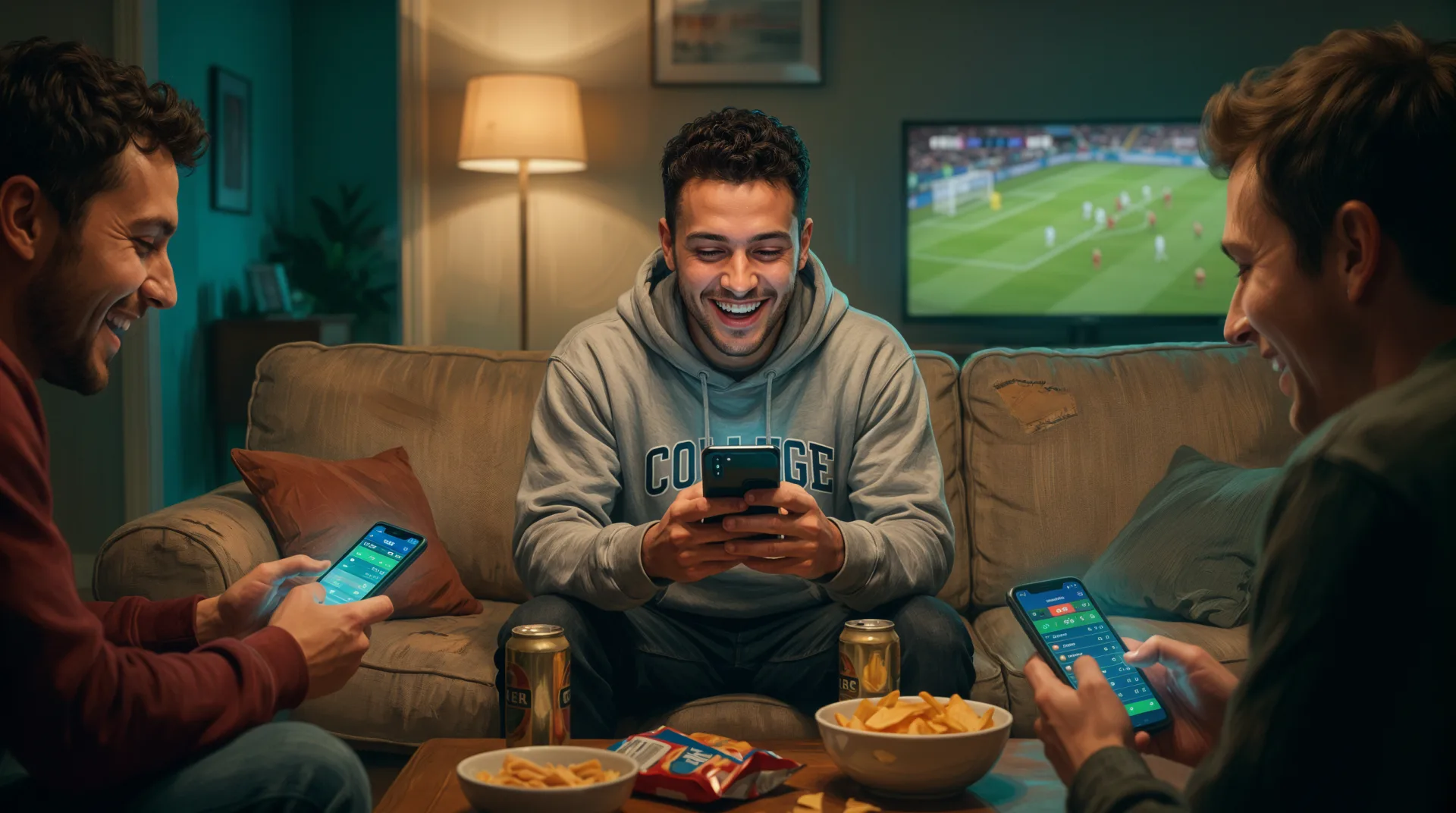 A young man laughs with two friends watching a game, all holding phones with a glowing betting app.
