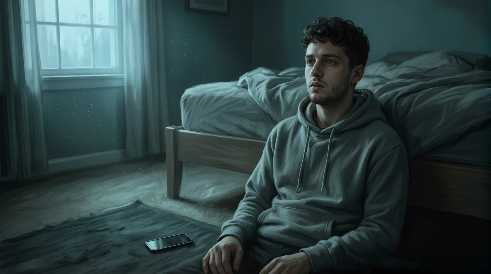 He sits on the floor against his bed at dawn, phone face-down, staring at nothing, hollow.
