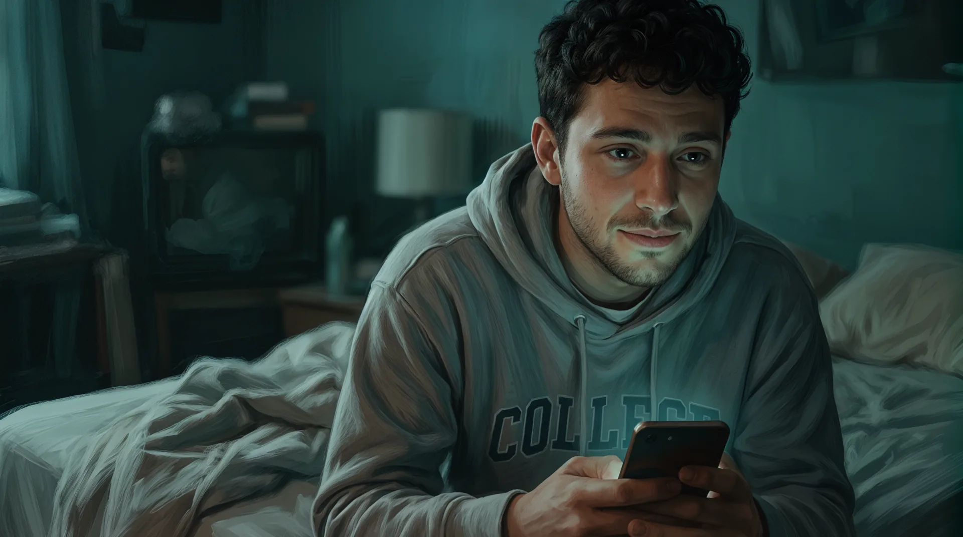 A warm teal glow lights his face as he types a first message asking for help.